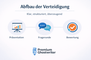 Infografik zum Ablauf der Verteidigung der Masterarbeit mit den Phasen Präsentation, Fragerunde und Bewertung.