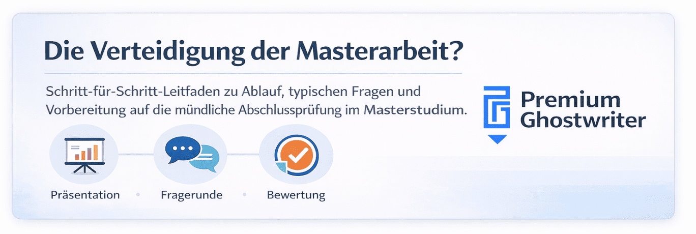 Minimalistischer Banner zur Verteidigung der Masterarbeit mit Darstellung von Präsentation, Fragerunde und Bewertung sowie dem Logo von Premium Ghostwriter.
